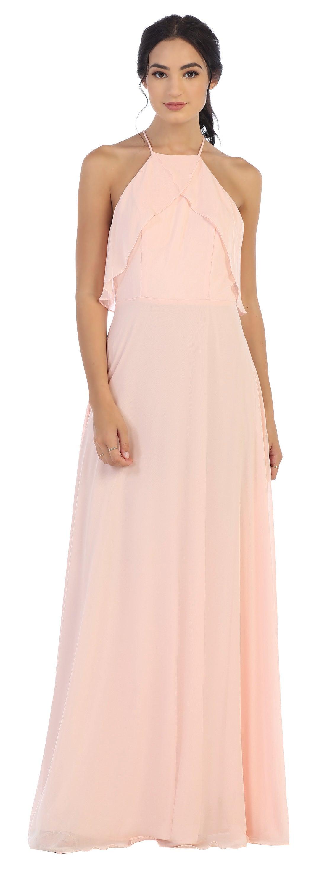 Long Bridesmaids Ruffle Halter Chiffon Dress - The Dress Outlet