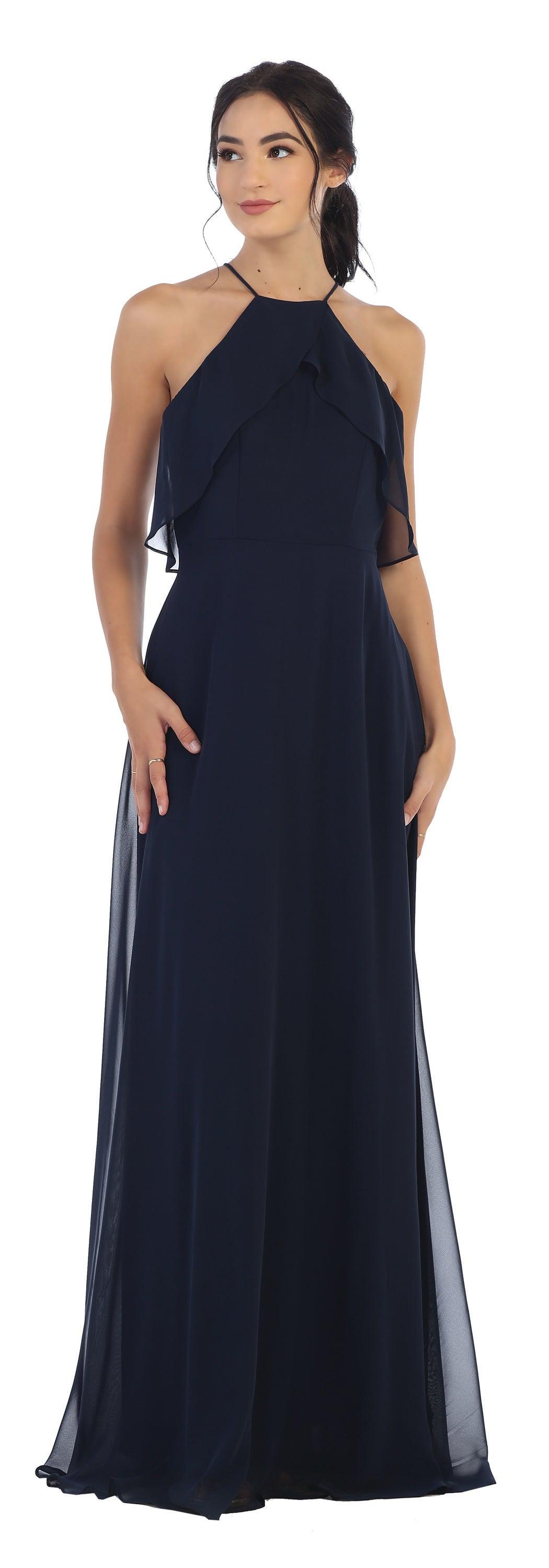 Long Bridesmaids Ruffle Halter Chiffon Dress - The Dress Outlet