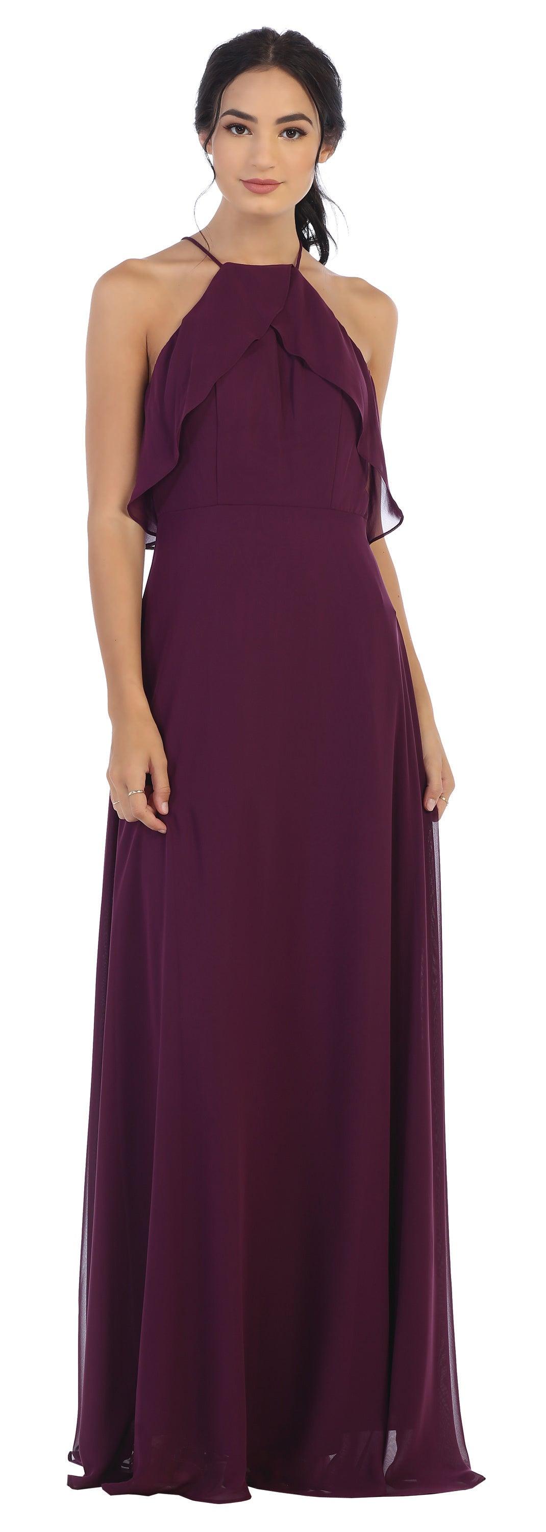Long Bridesmaids Ruffle Halter Chiffon Dress - Burgundy / 3XL Long Bridesmaids Ruffle Halter Chiffon Dress - Burgundy / 3XL
