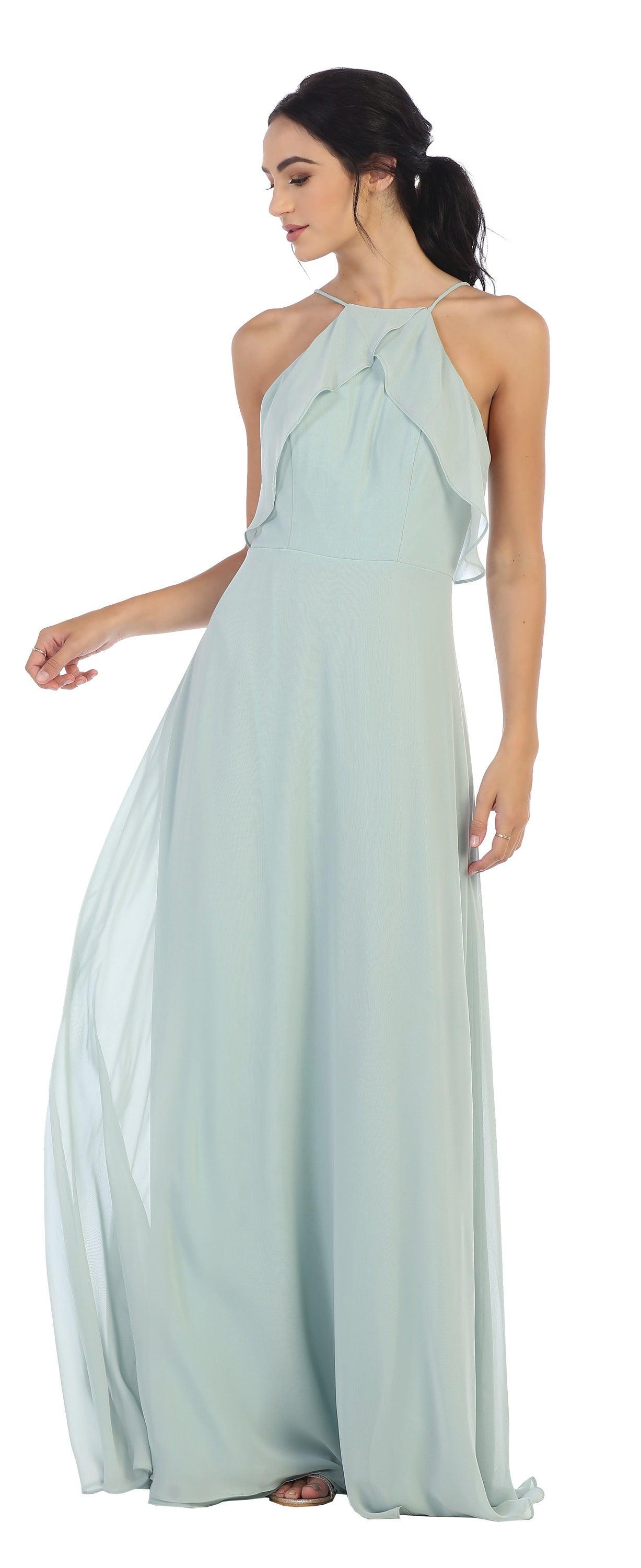 Long Bridesmaids Ruffle Halter Chiffon Dress