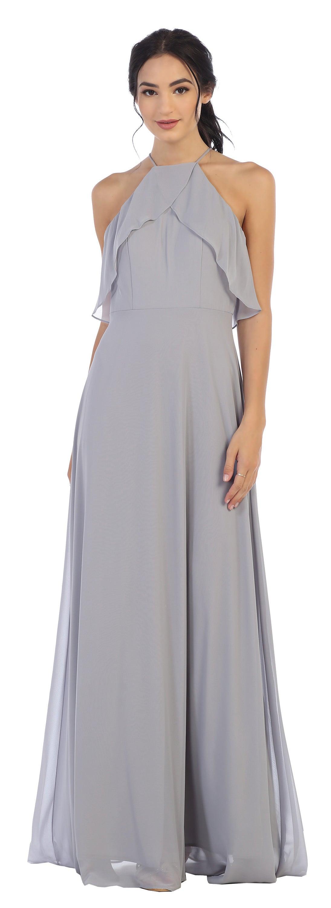 Long Bridesmaids Ruffle Halter Chiffon Dress - Silver / S Long Bridesmaids Ruffle Halter Chiffon Dress - Silver / S