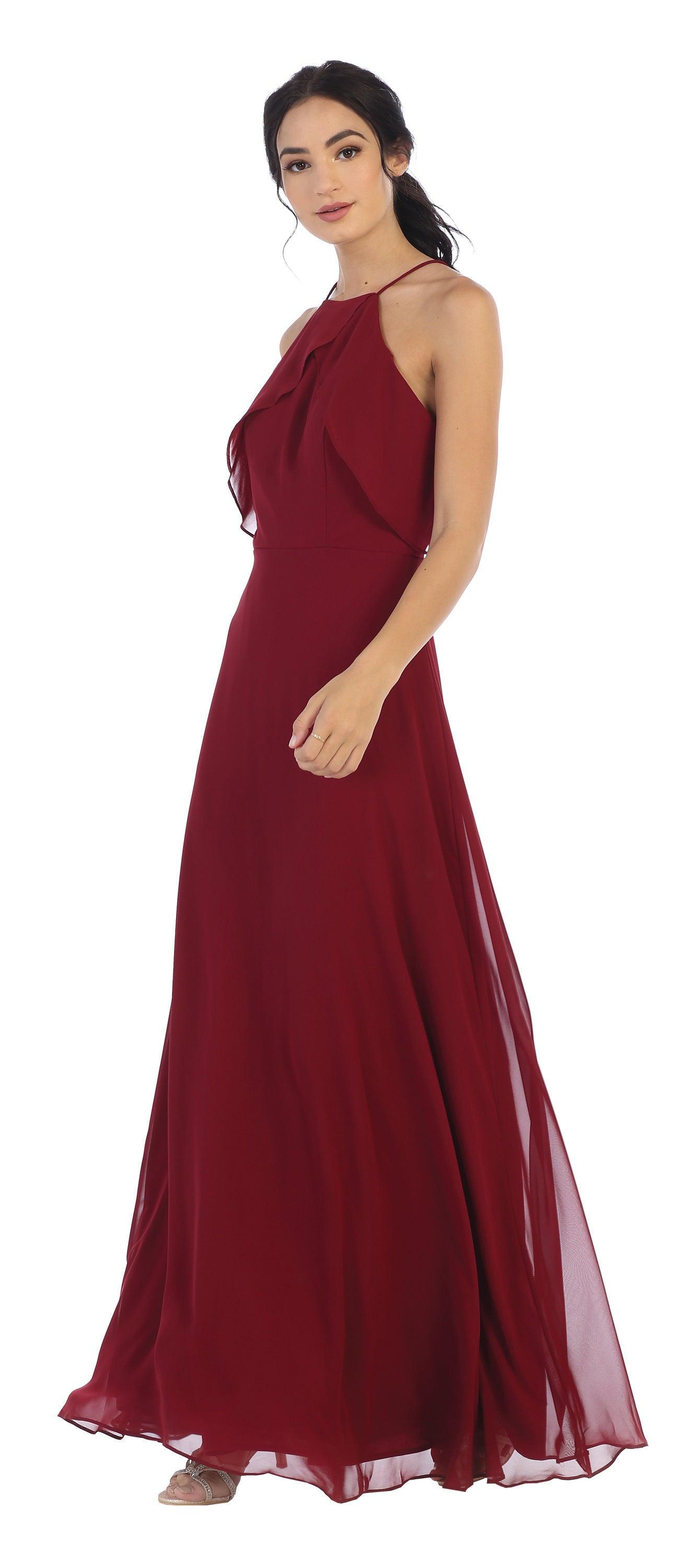 Long Bridesmaids Ruffle Halter Chiffon Dress - Burgundy / 3XL Long Bridesmaids Ruffle Halter Chiffon Dress - Burgundy / 3XL