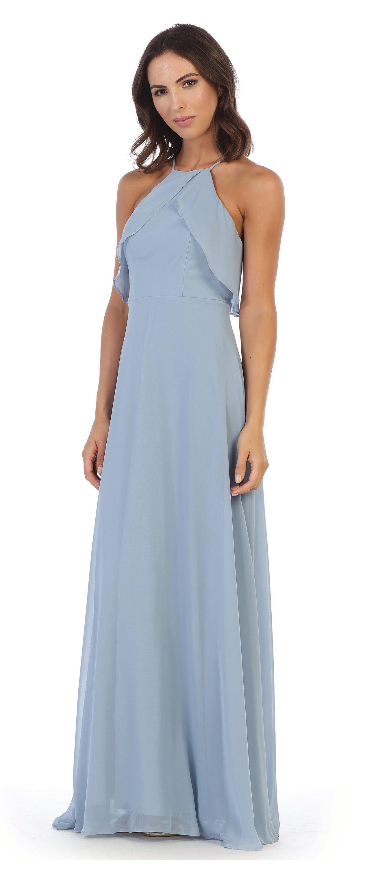 Long Bridesmaids Ruffle Halter Chiffon Dress - The Dress Outlet
