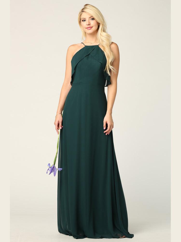 Long Bridesmaids Ruffle Halter Chiffon Dress - The Dress Outlet