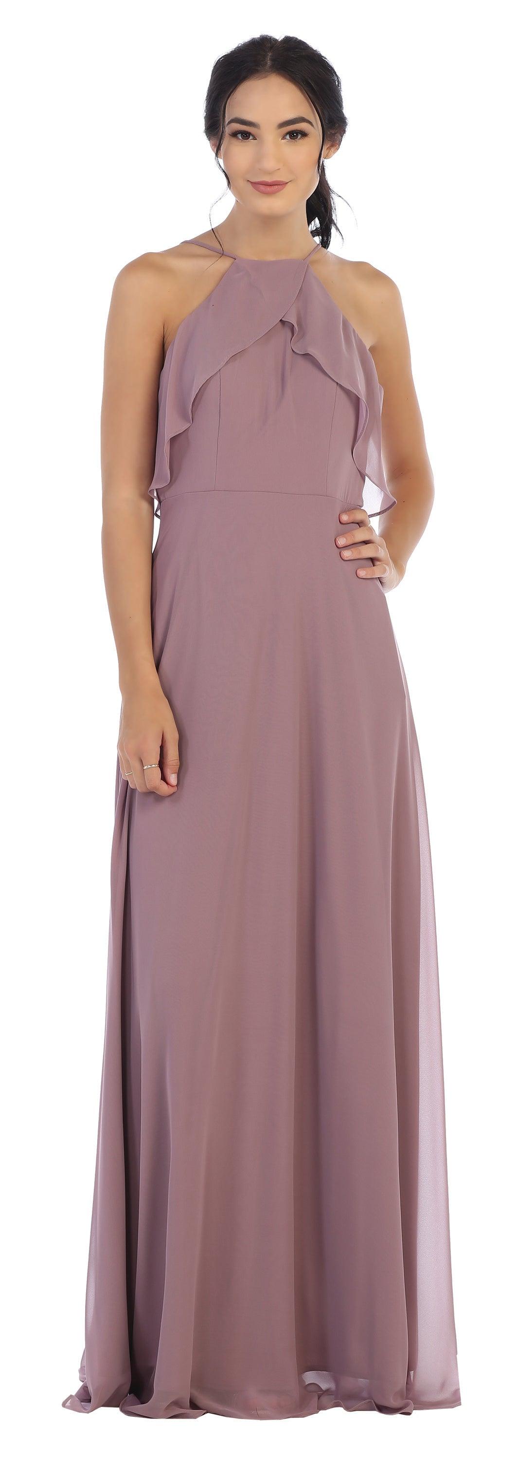 Long Bridesmaids Ruffle Halter Chiffon Dress - Burgundy / 3XL Long Bridesmaids Ruffle Halter Chiffon Dress - Burgundy / 3XL