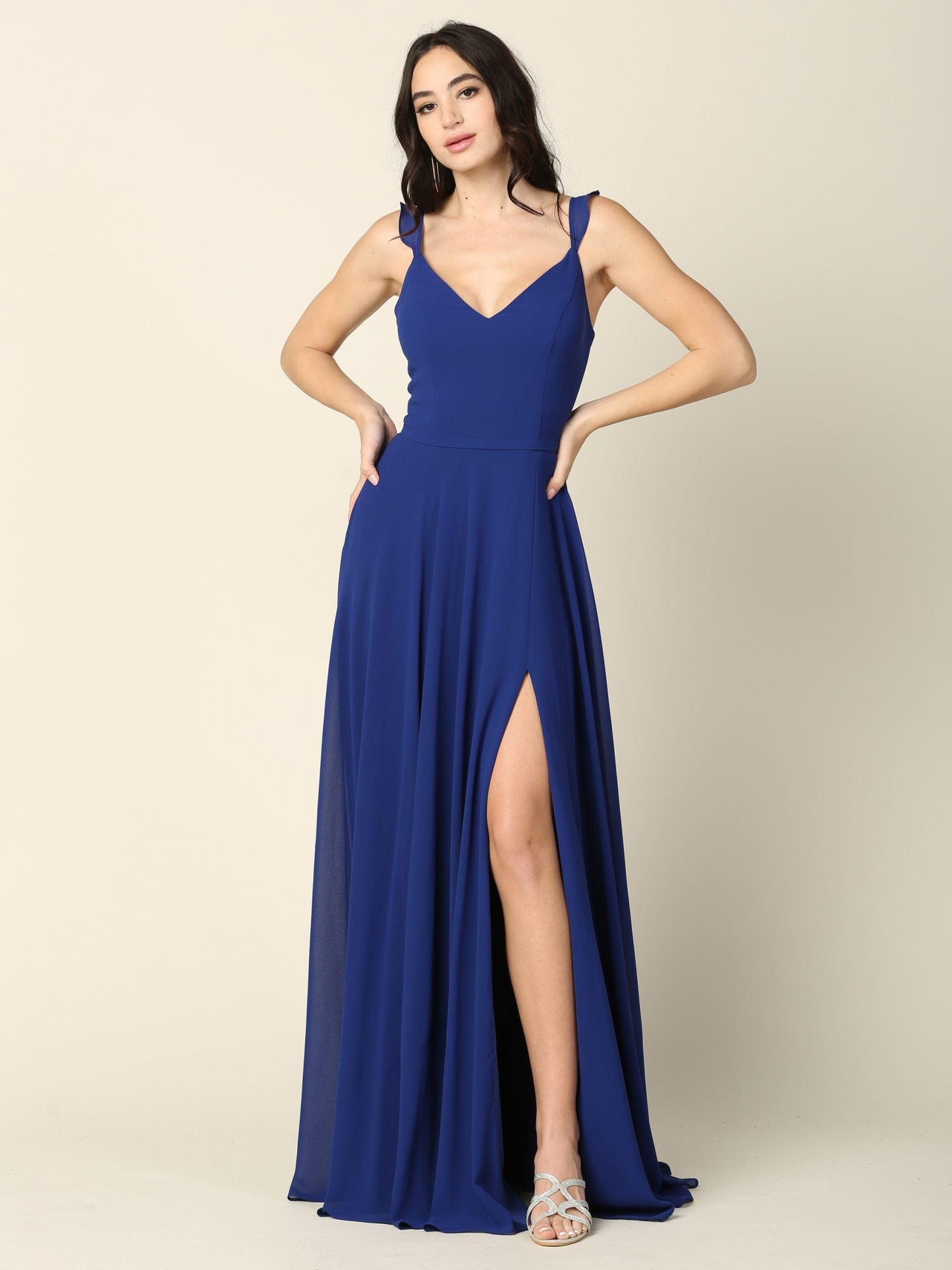 Long Bridesmaids Ruffle Sleeve Chiffon Gown - The Dress Outlet