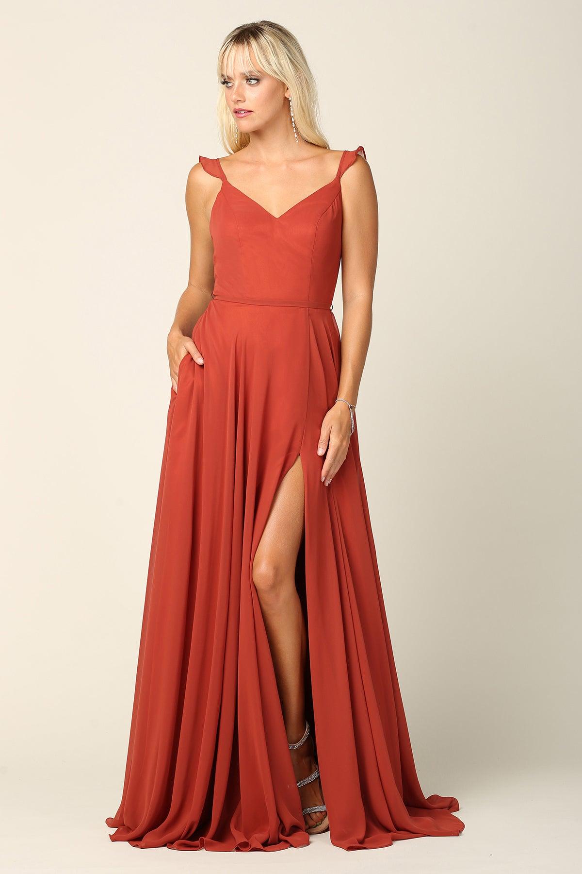 Long Bridesmaids Ruffle Sleeve Chiffon Gown - The Dress Outlet