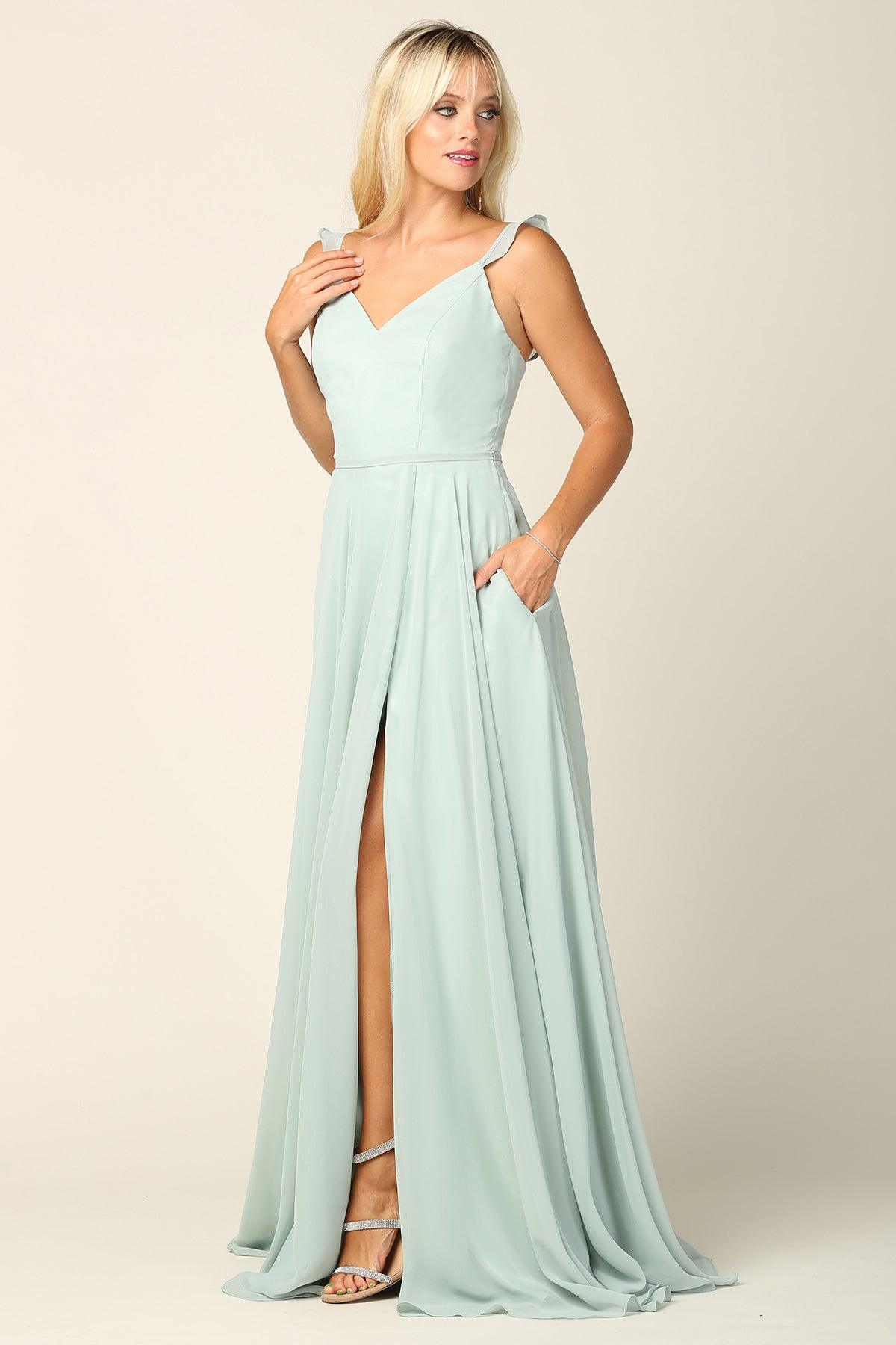 Long Bridesmaids Ruffle Sleeve Chiffon Gown - Black / L Long Bridesmaids Ruffle Sleeve Chiffon Gown - Black / L