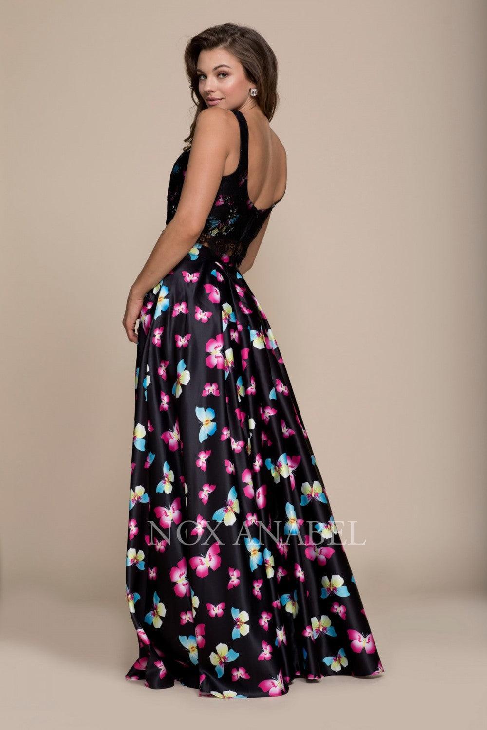 Long Butterfly Print Two Piece Prom Dress Black - The Dress Outlet Nox Anabel