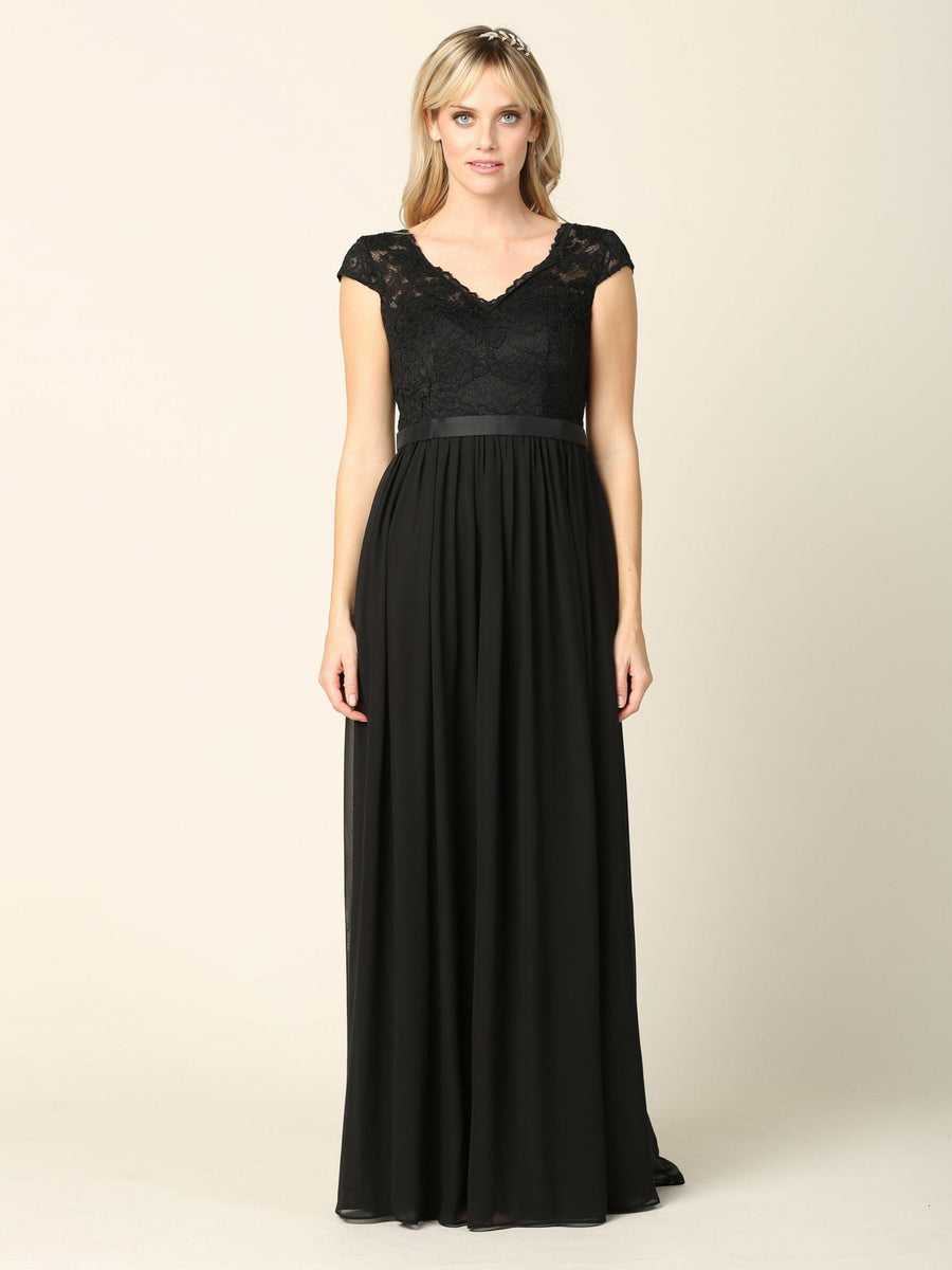 Long Cap Sleeve Mother of the Bride Formal Dress - The Dress Outlet