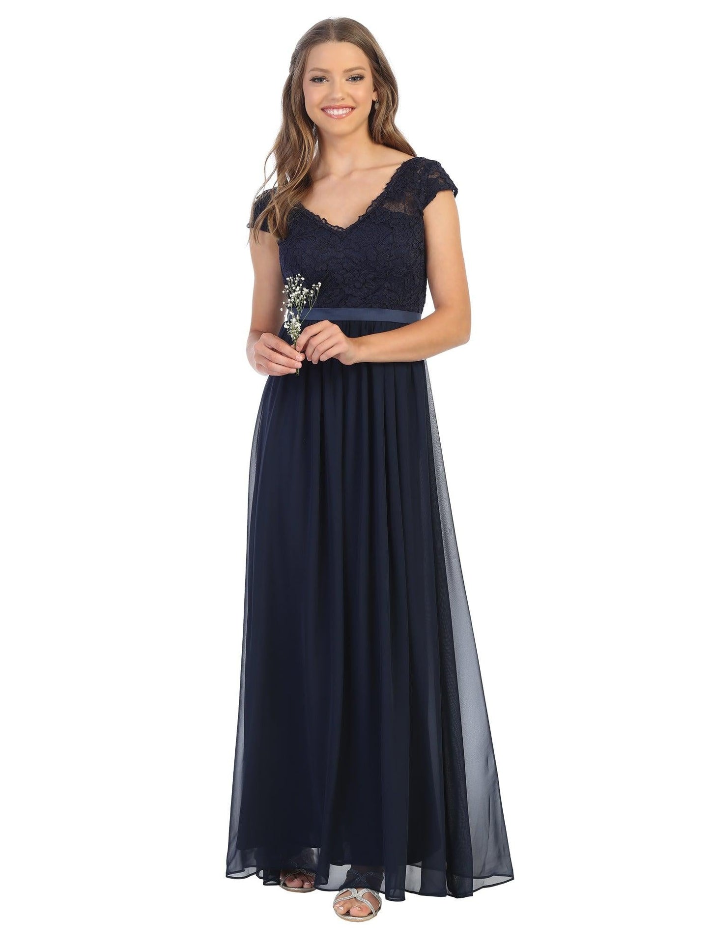 Long Cap Sleeve Mother of the Bride Formal Dress - The Dress Outlet
