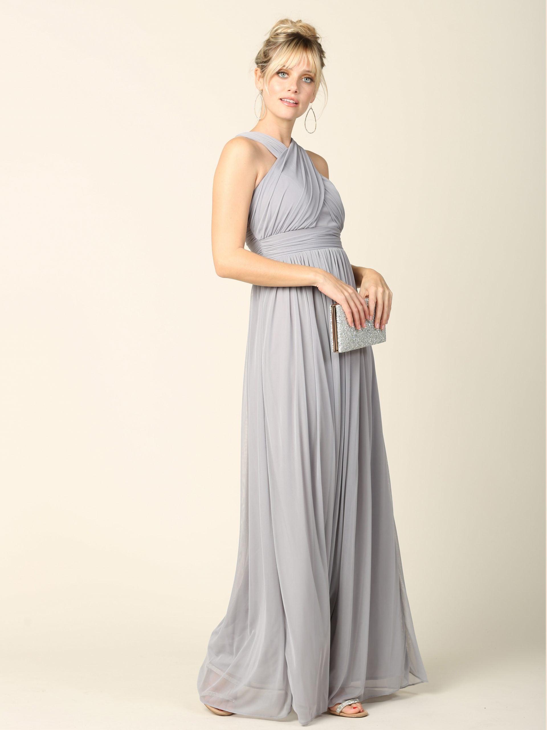 Long Criss Cross Halter Bridesmaids Dress - Silver / S Long Criss Cross Halter Bridesmaids Dress - Silver / S