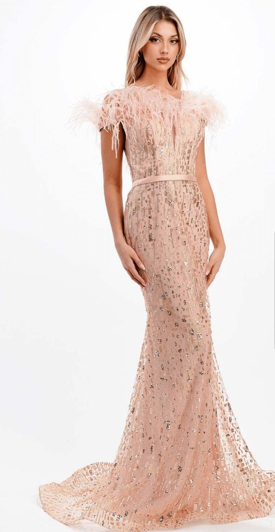 Long Feathered Off Shoulder Prom Dress - The Dress Outlet
