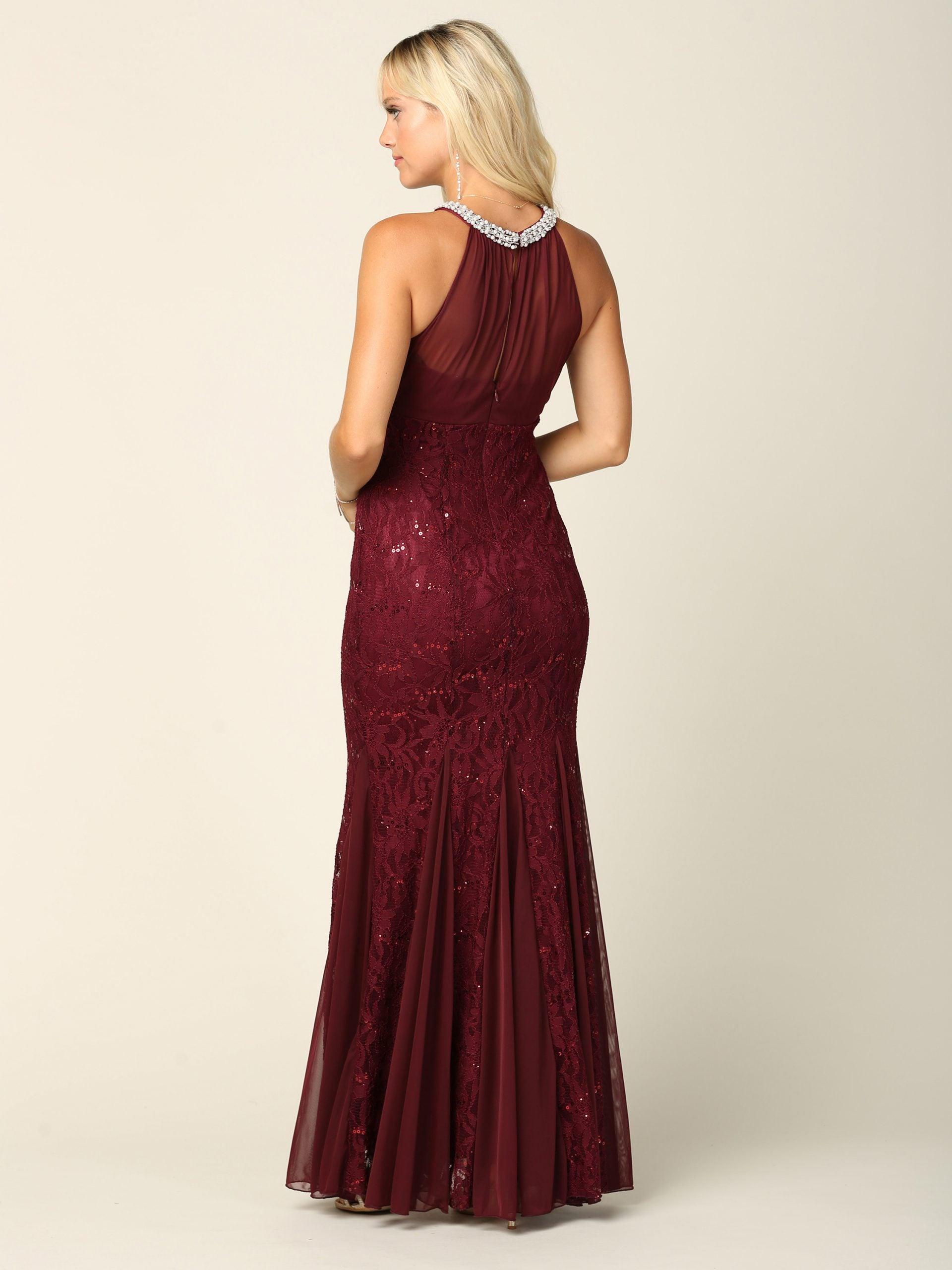 Long Fitted Formal Halter Lace Chiffon Dress