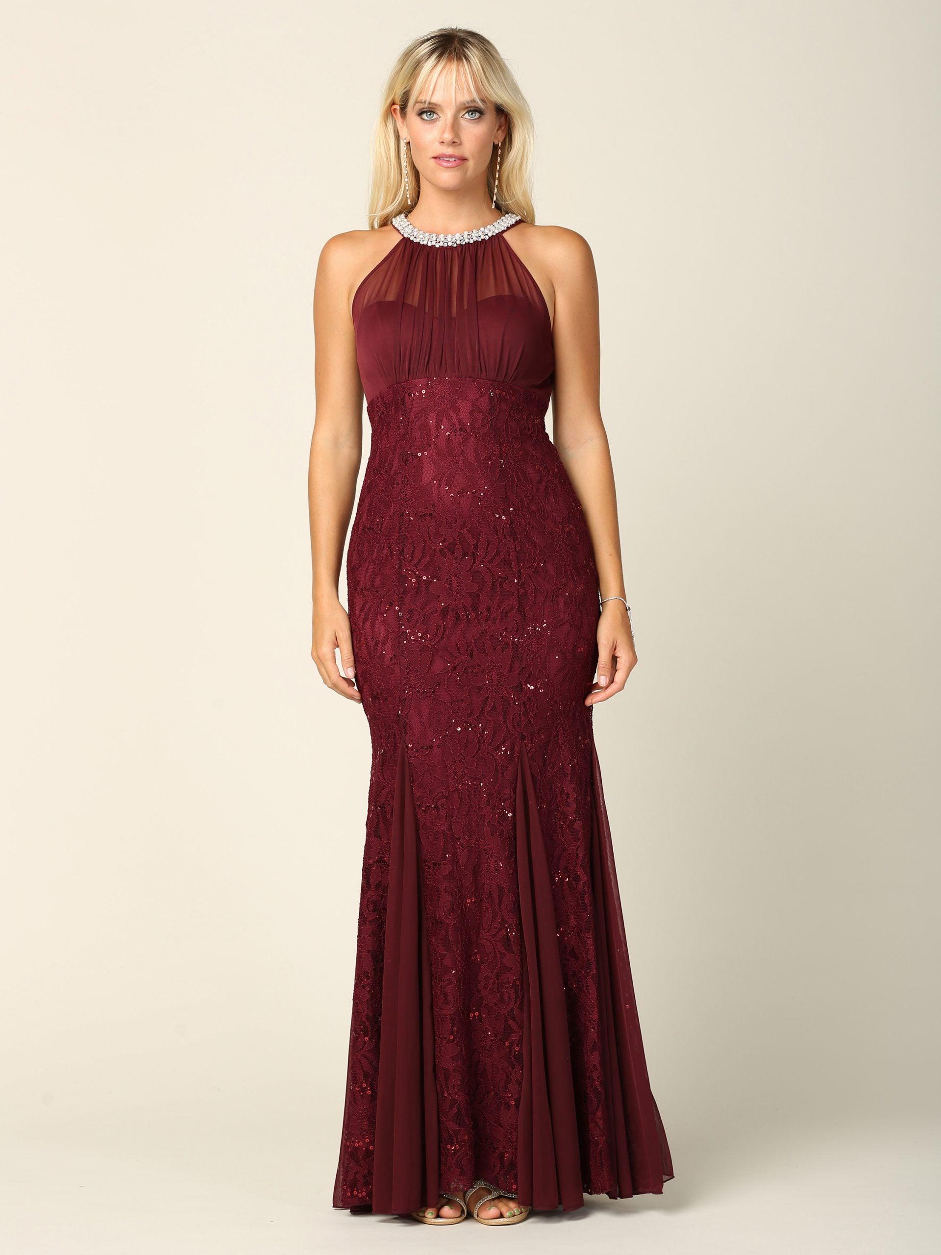 Long Fitted Formal Halter Lace Chiffon Dress