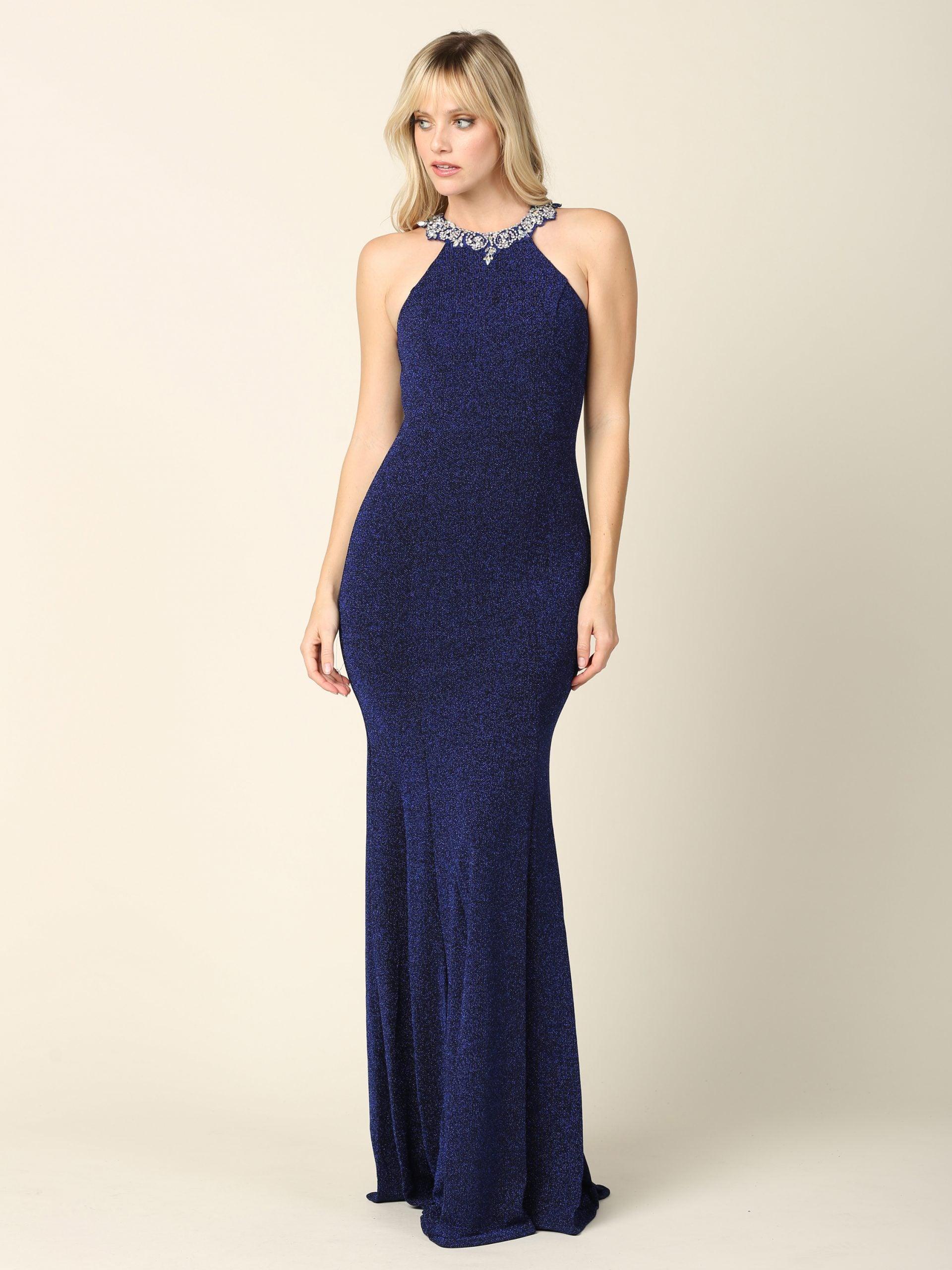 Long Fitted Halter Metallic Prom Dress