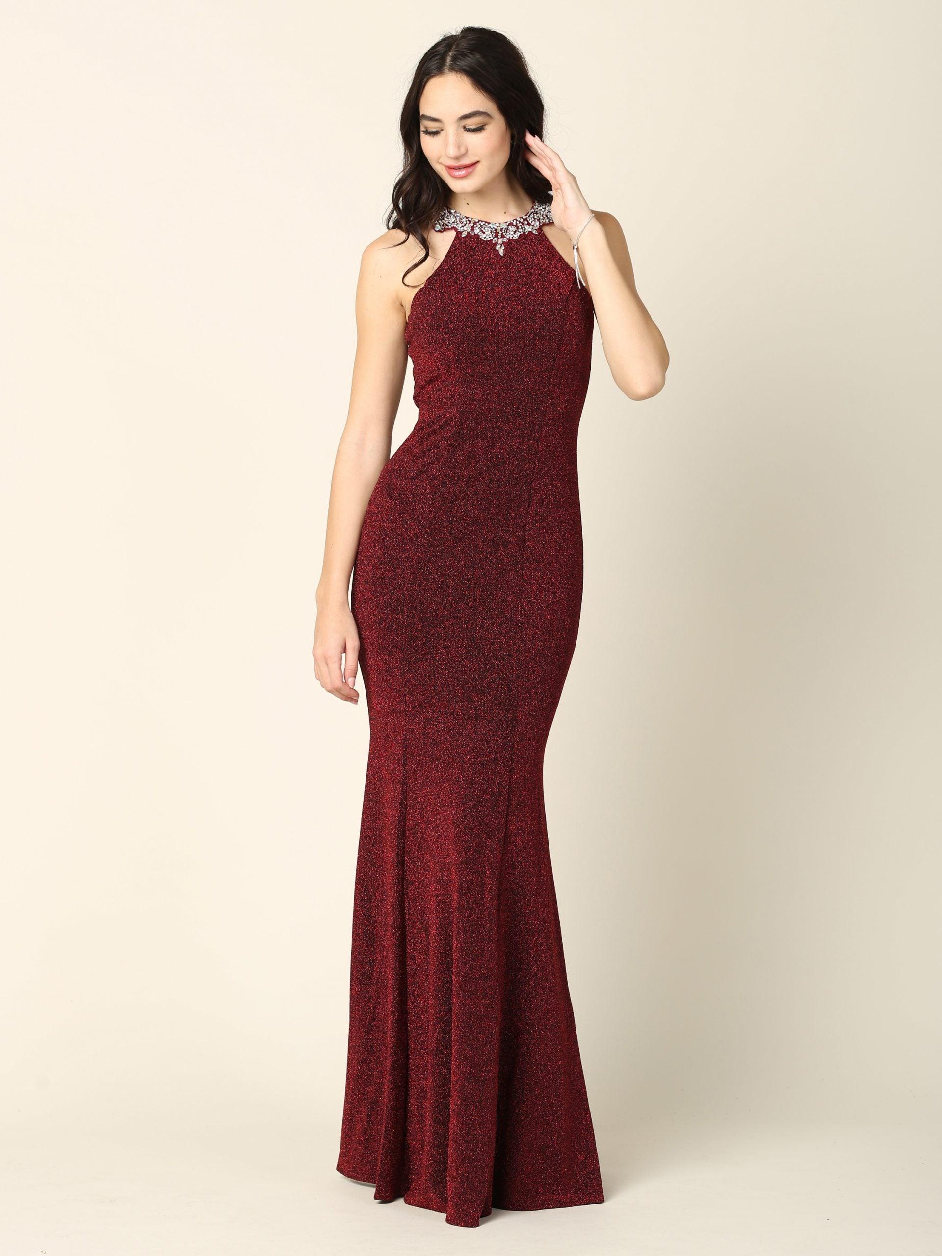 Long Fitted Halter Metallic Prom Dress