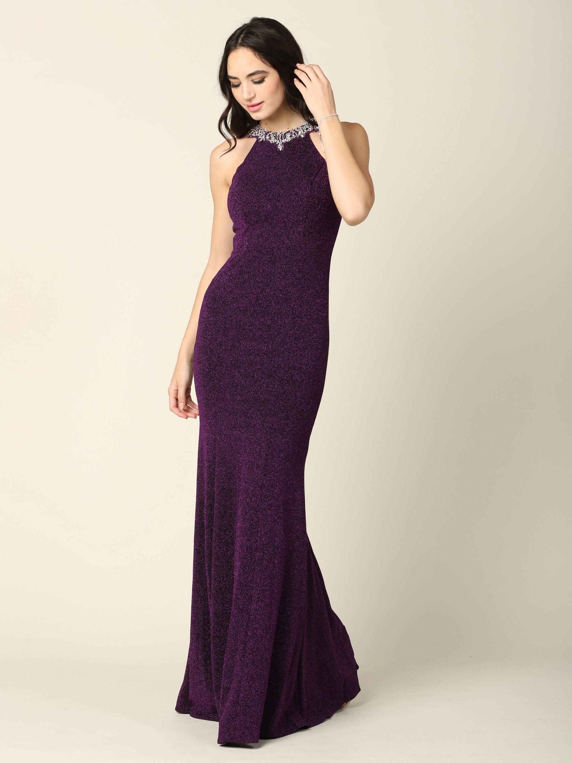 Long Fitted Halter Metallic Prom Dress