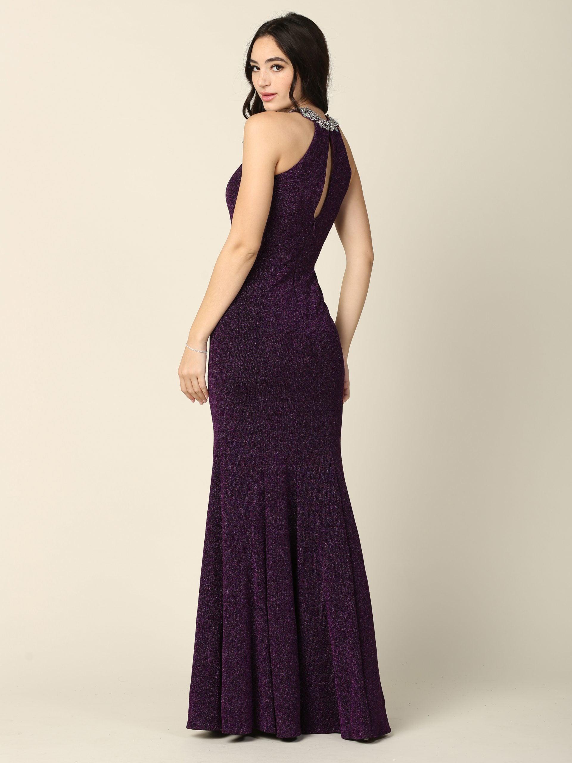 Long Fitted Halter Metallic Prom Dress