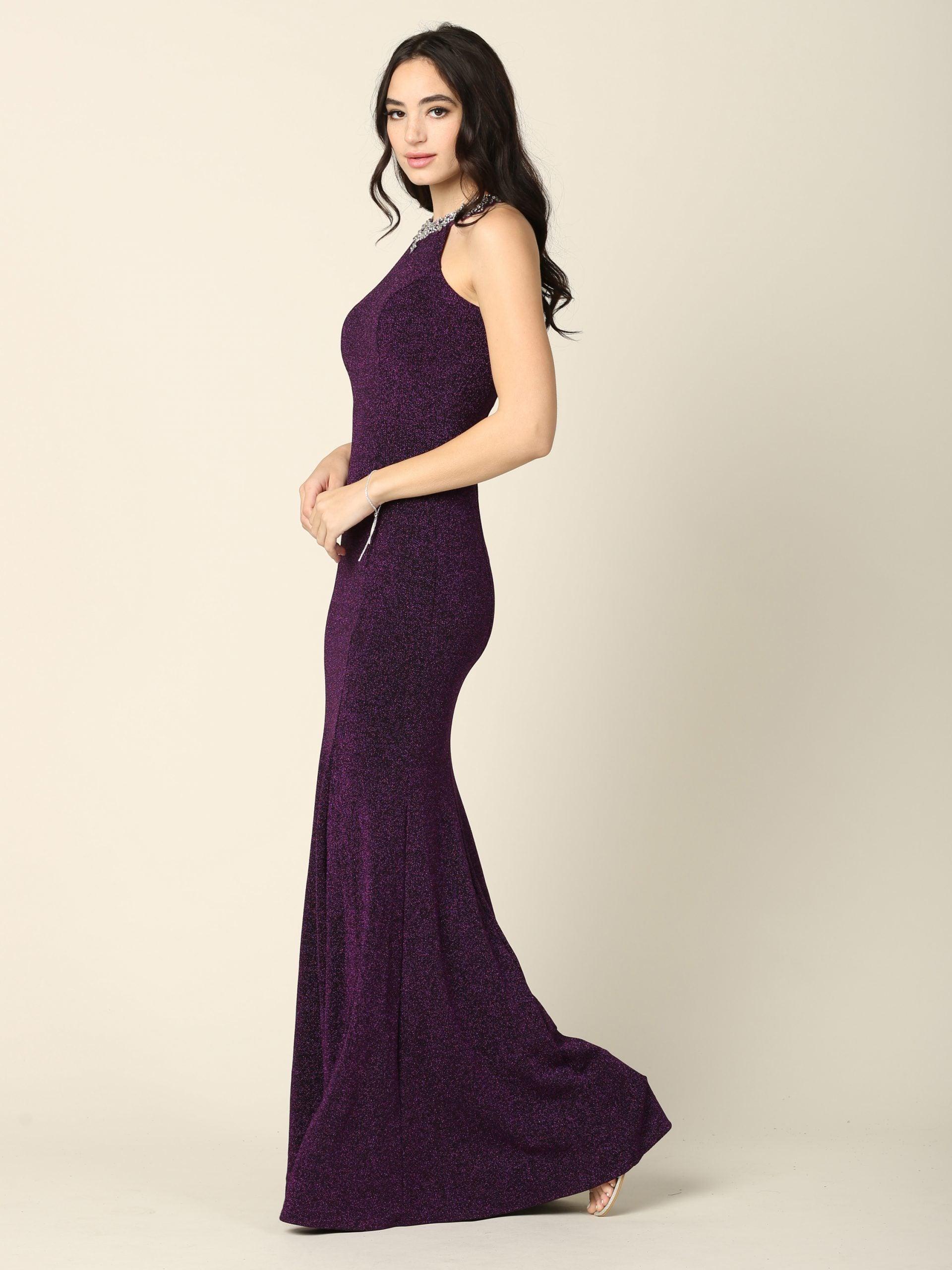 Long Fitted Halter Metallic Prom Dress