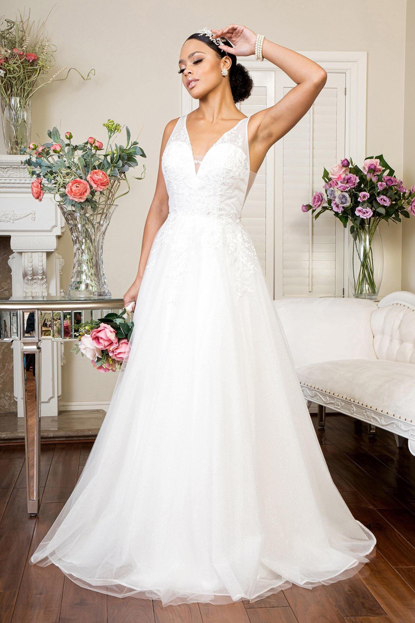 Long Floral Glitter Mesh Wedding Gown Sale - The Dress Outlet