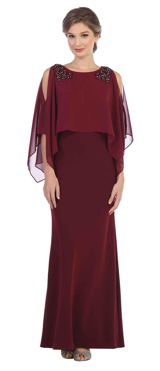Long Formal Cape Mother of the Bride Chiffon Dress - The Dress Outlet Eva Fashion