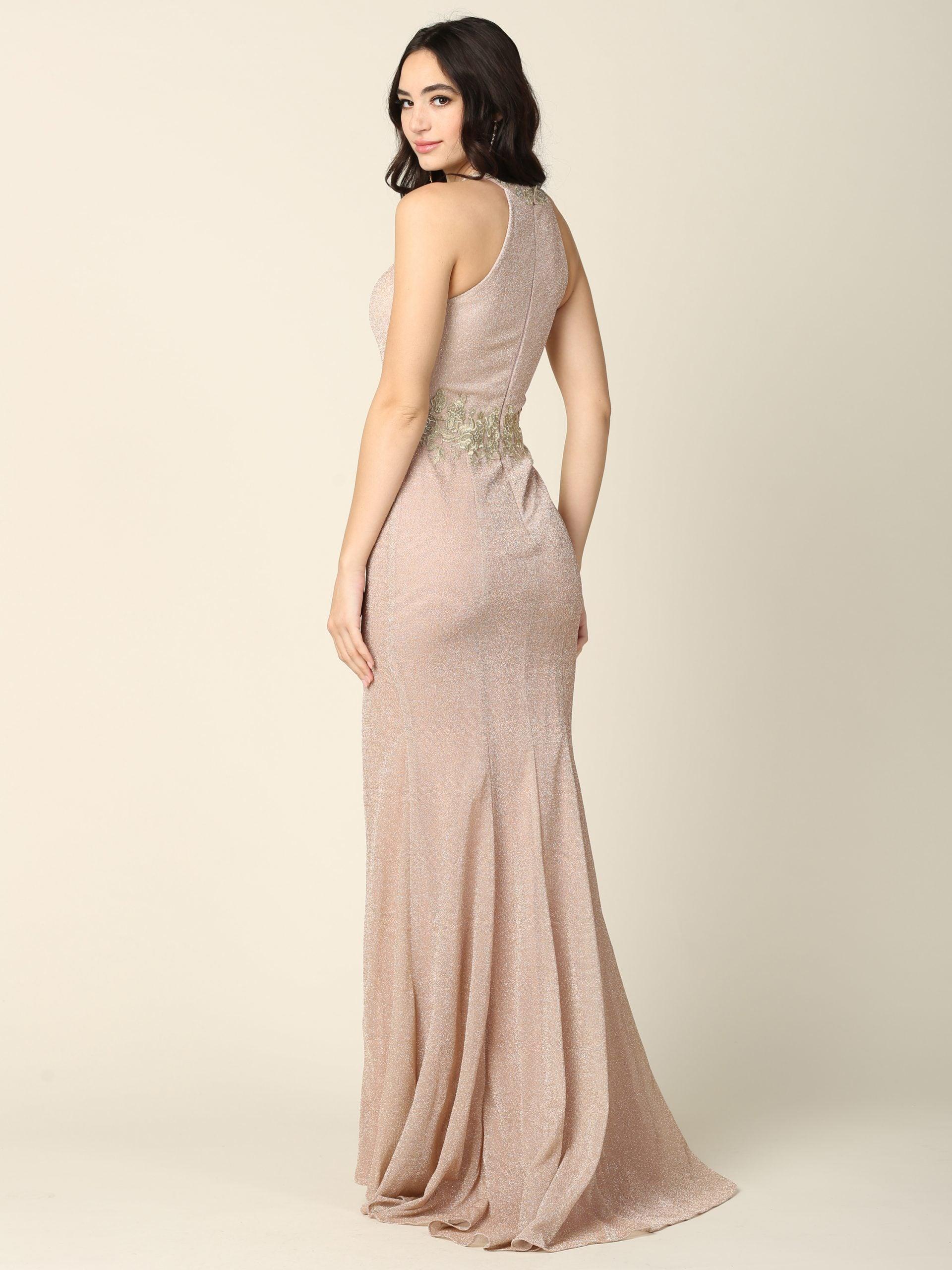 Long Formal Fitted Halter Metallic Prom Dress