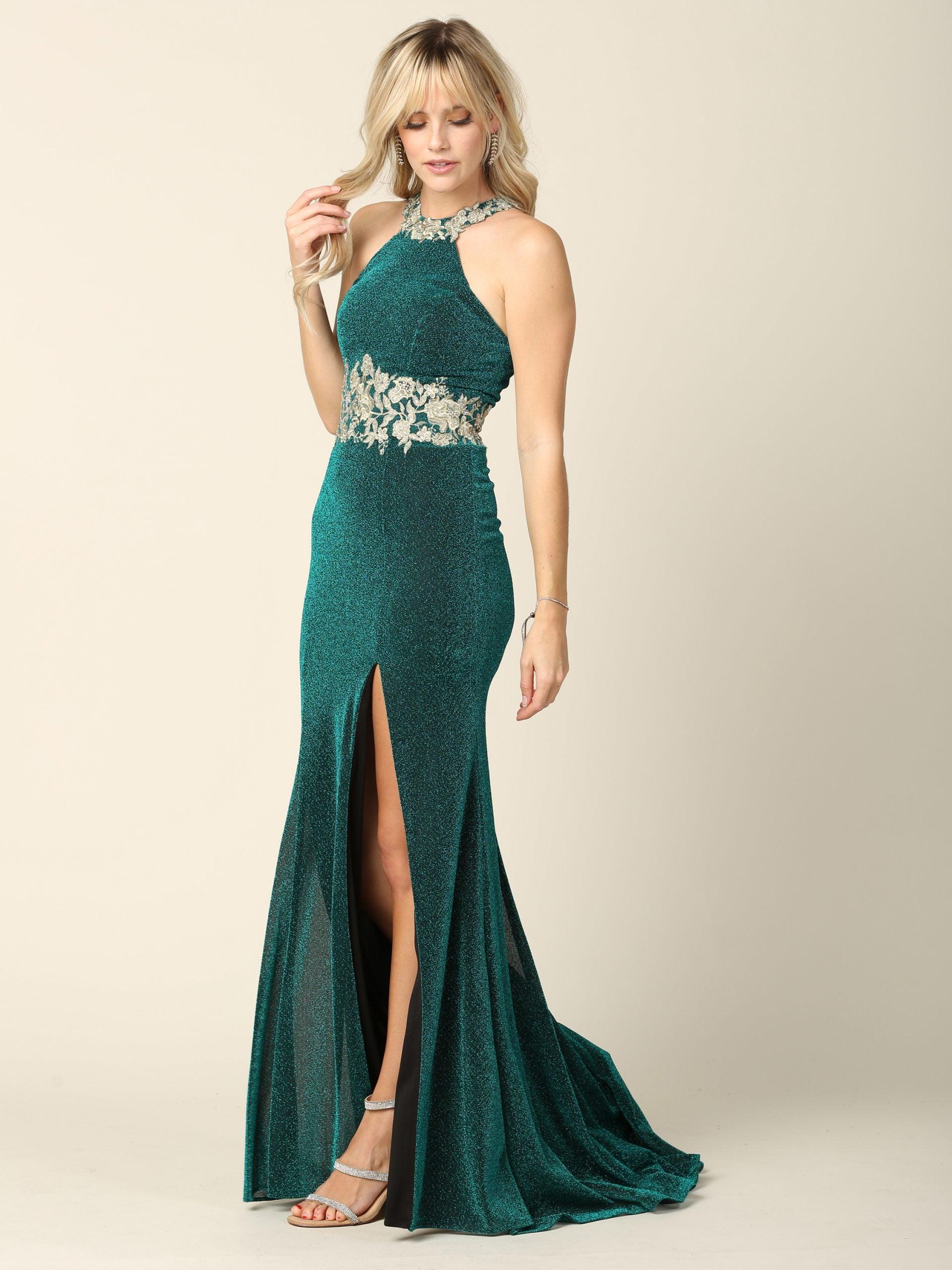 Long Formal Fitted Halter Metallic Prom Dress Sale