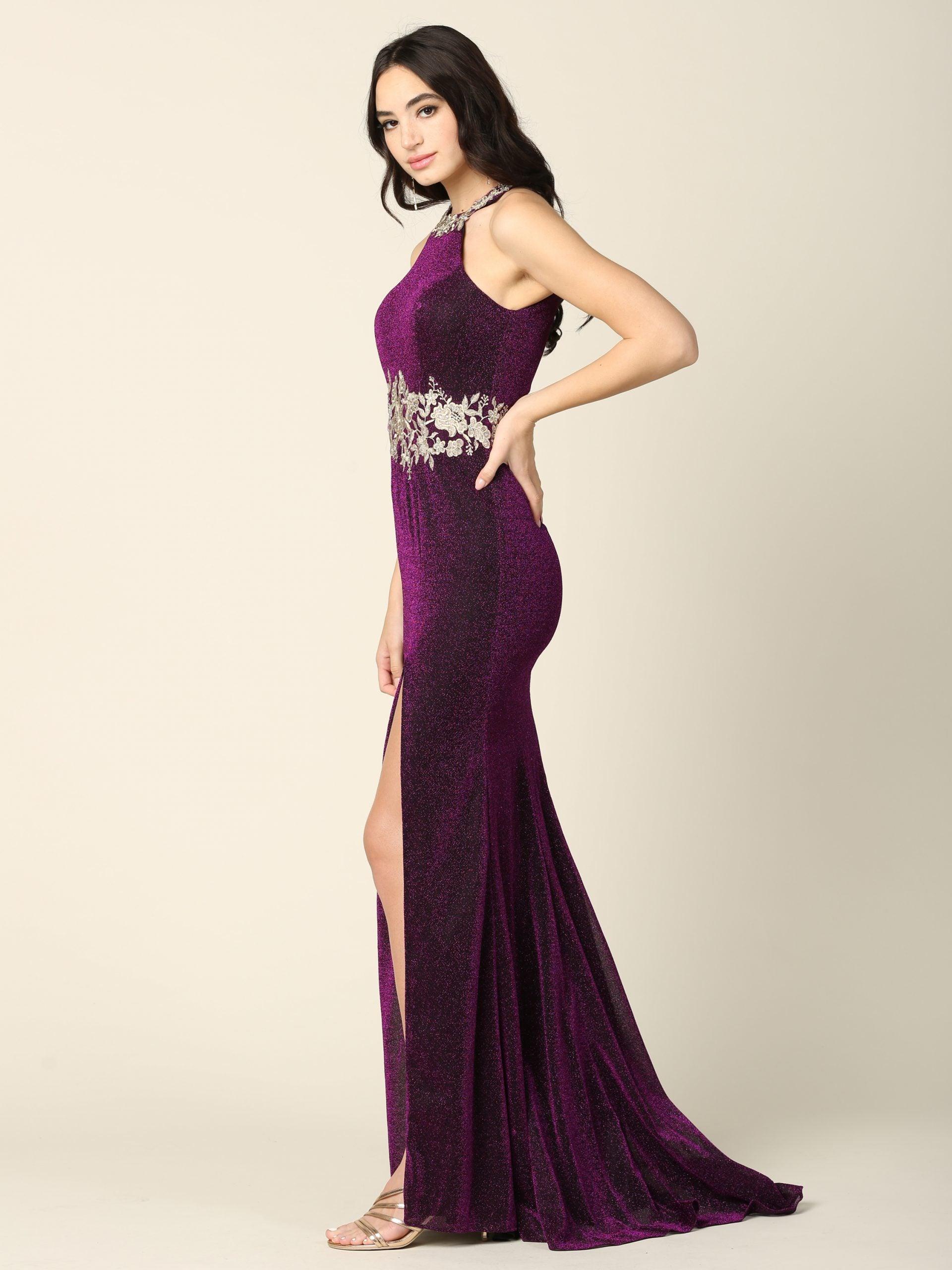 fitted lace wedding dress Long Formal Fitted Halter Metallic Prom Dress