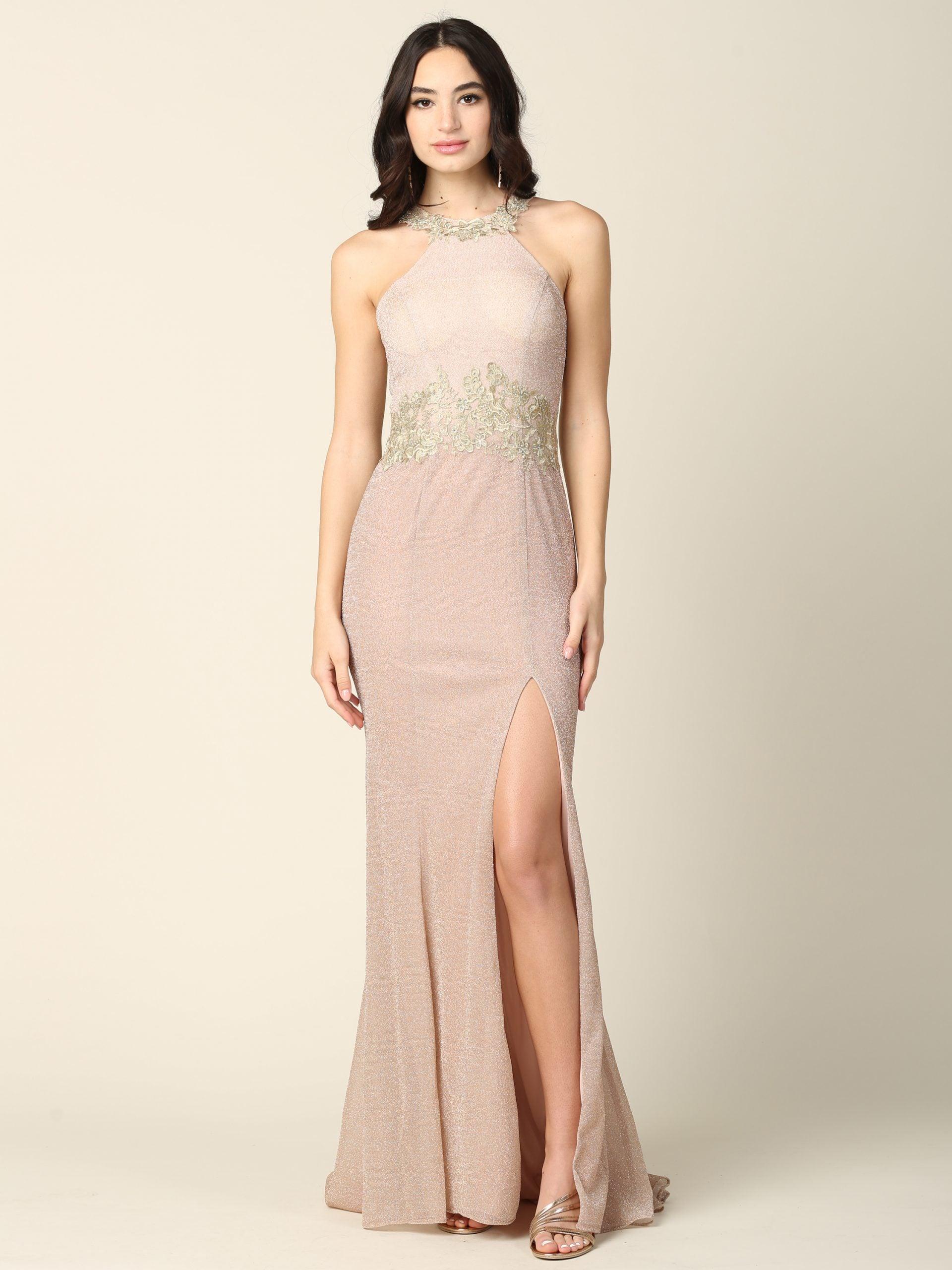 Long Formal Fitted Halter Metallic Prom Dress