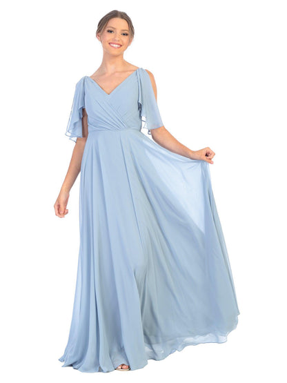 Long Formal Flutter Sleeves Bridesmaids Dress - The Dress Outlet