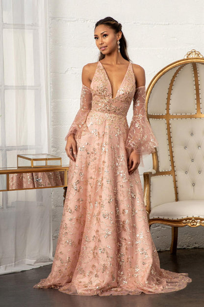 Long Formal Glitter Mesh Prom Dress - The Dress Outlet