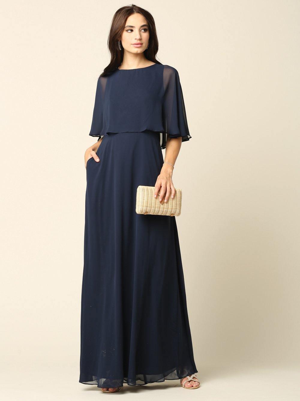 Long Formal Mother of the Bride Cape Chiffon Dress - The Dress Outlet Eva Fashion