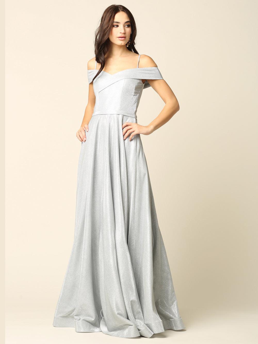 Long Formal Off Shoulder Glitter Ball Gown - Silver / XL Long Formal Off Shoulder Glitter Ball Gown - Silver / XL