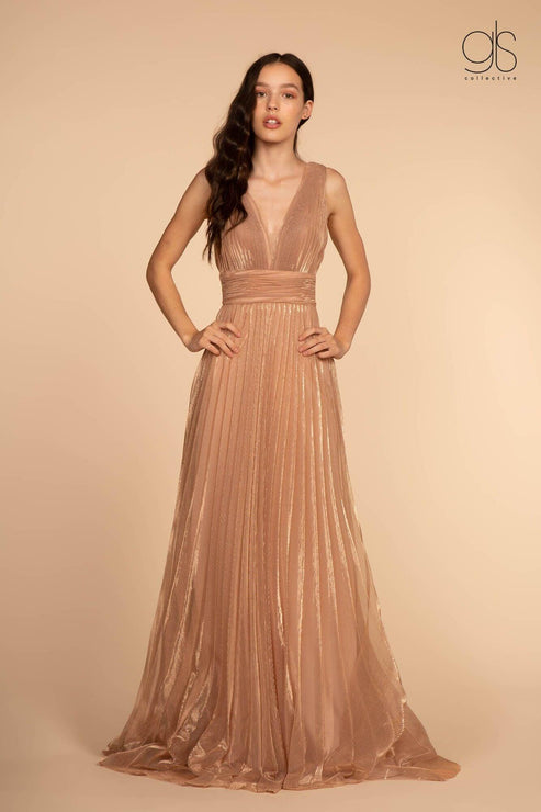 Fancy Pink Ruffled Empire Waist Prom Dress Sleeveless V-Neck Tiered Chiffon Maxi Gown,OLP1829