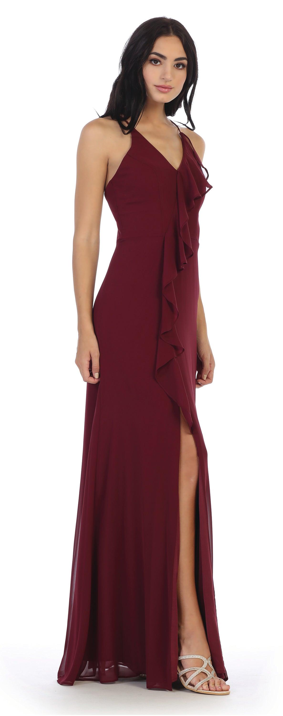 Long Formal Ruffled Chiffon Bridesmaids Dress