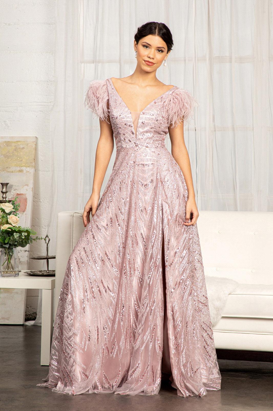 Long Formal Sleeveless Feather Prom Dress - The Dress Outlet