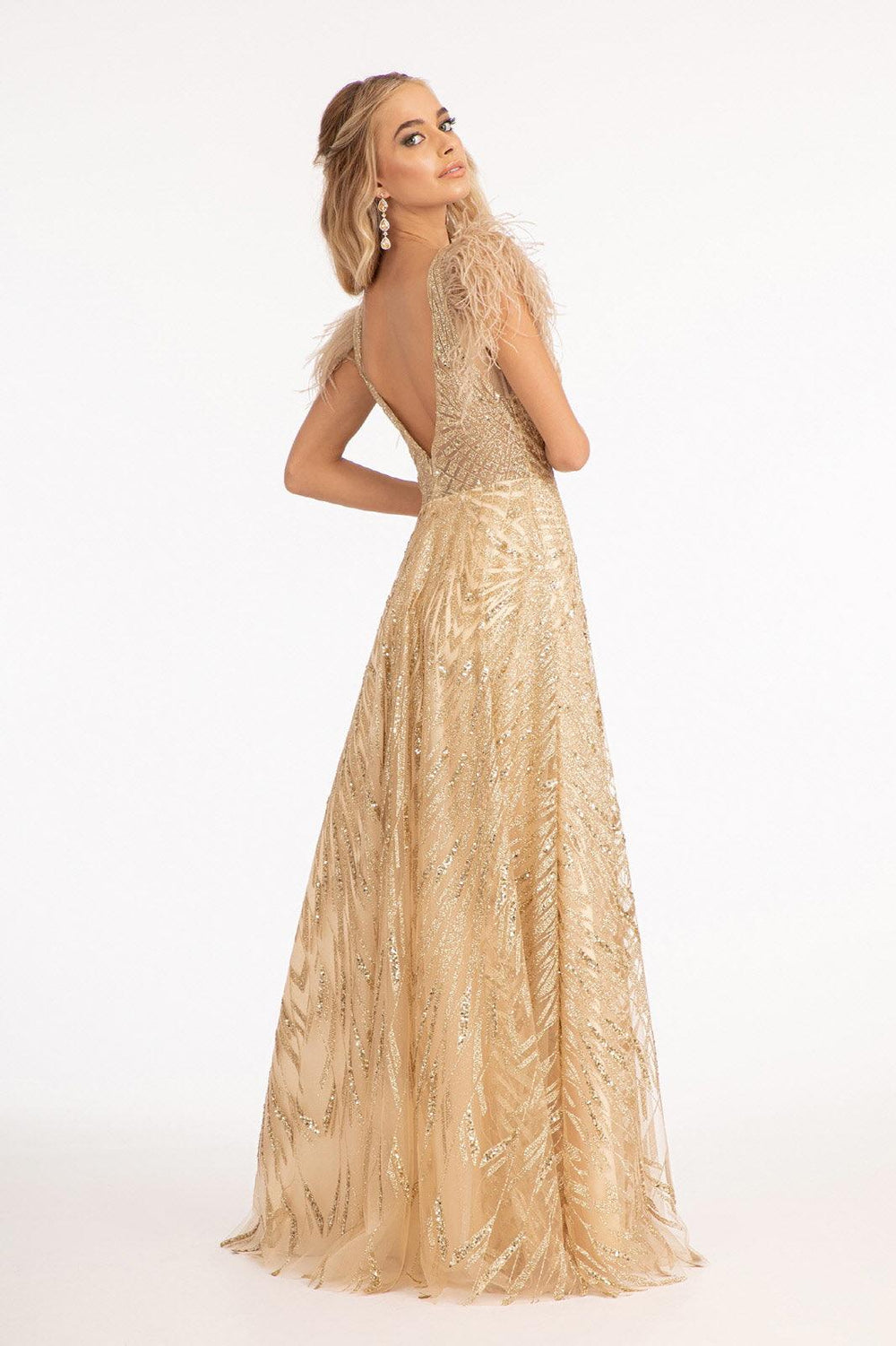 Long Formal Sleeveless Feather Prom Dress - The Dress Outlet