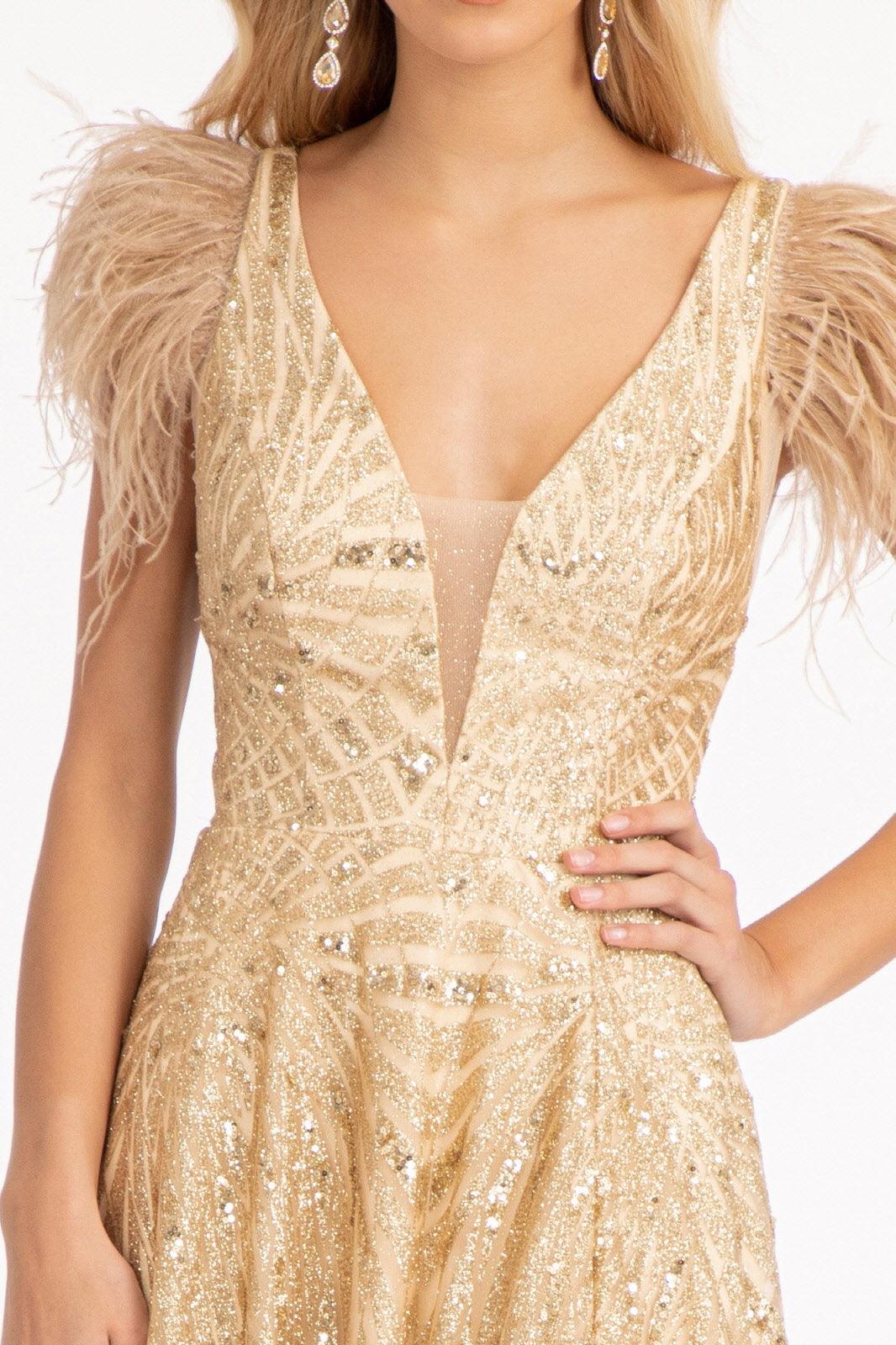 Long Formal Sleeveless Feather Prom Dress - The Dress Outlet