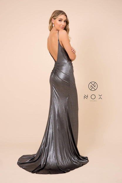 Long Formal Spaghetti Strap Fitted Metallic Dress Sale - The Dress Outlet