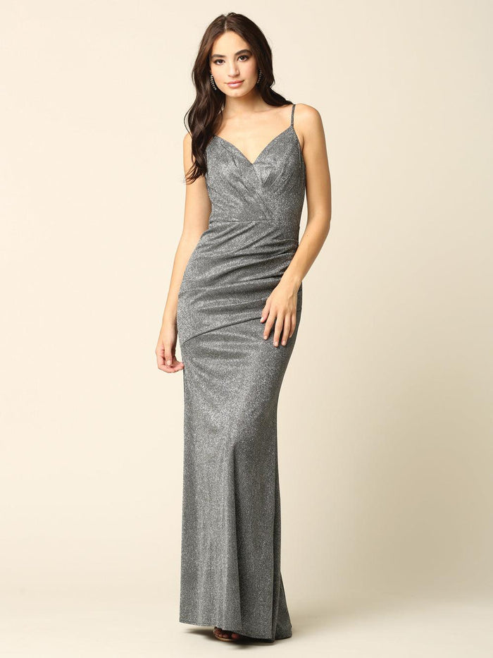 Long Formal Spaghetti Strap Glitter Prom Dress - The Dress Outlet