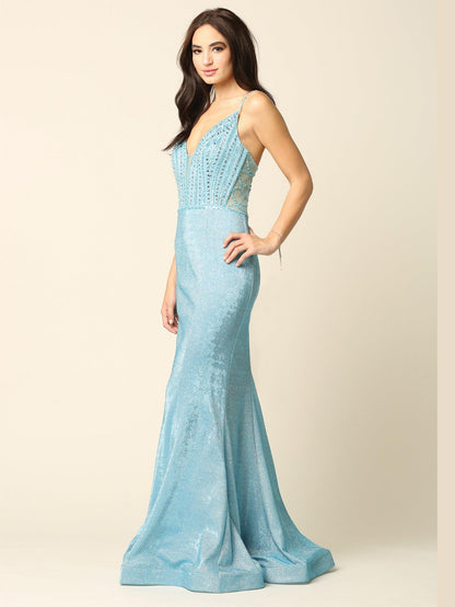 Long Formal Spaghetti Strap Metallic Prom Dress - The Dress Outlet
