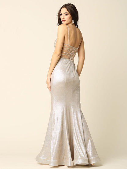 Long Formal Spaghetti Strap Metallic Prom Dress - The Dress Outlet