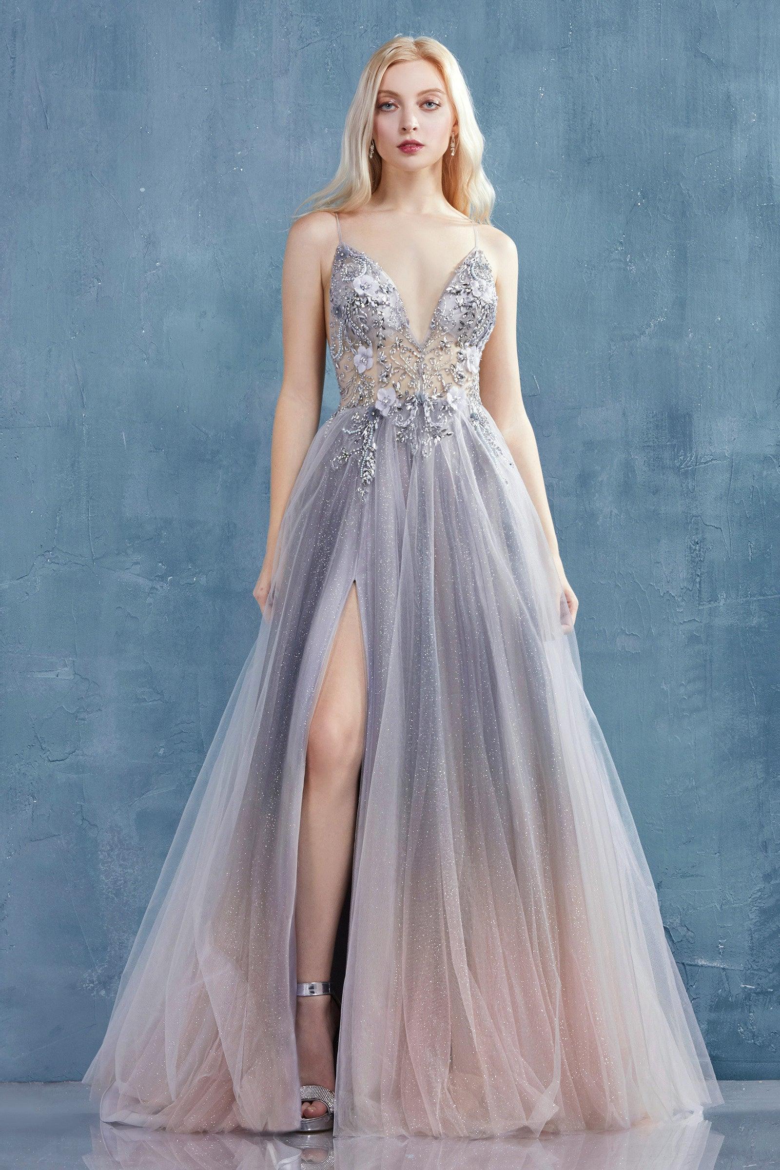 Andrea & Leo A0850 Long Formal Spaghetti Strap Prom Dress Smoky Blue