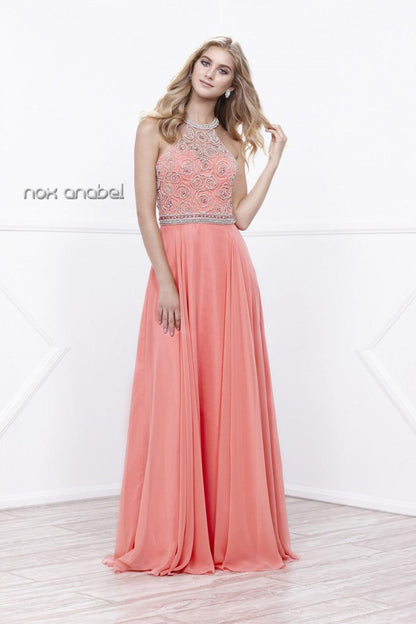 Long High Neck Jeweled Prom Dress - The Dress Outlet Nox Anabel