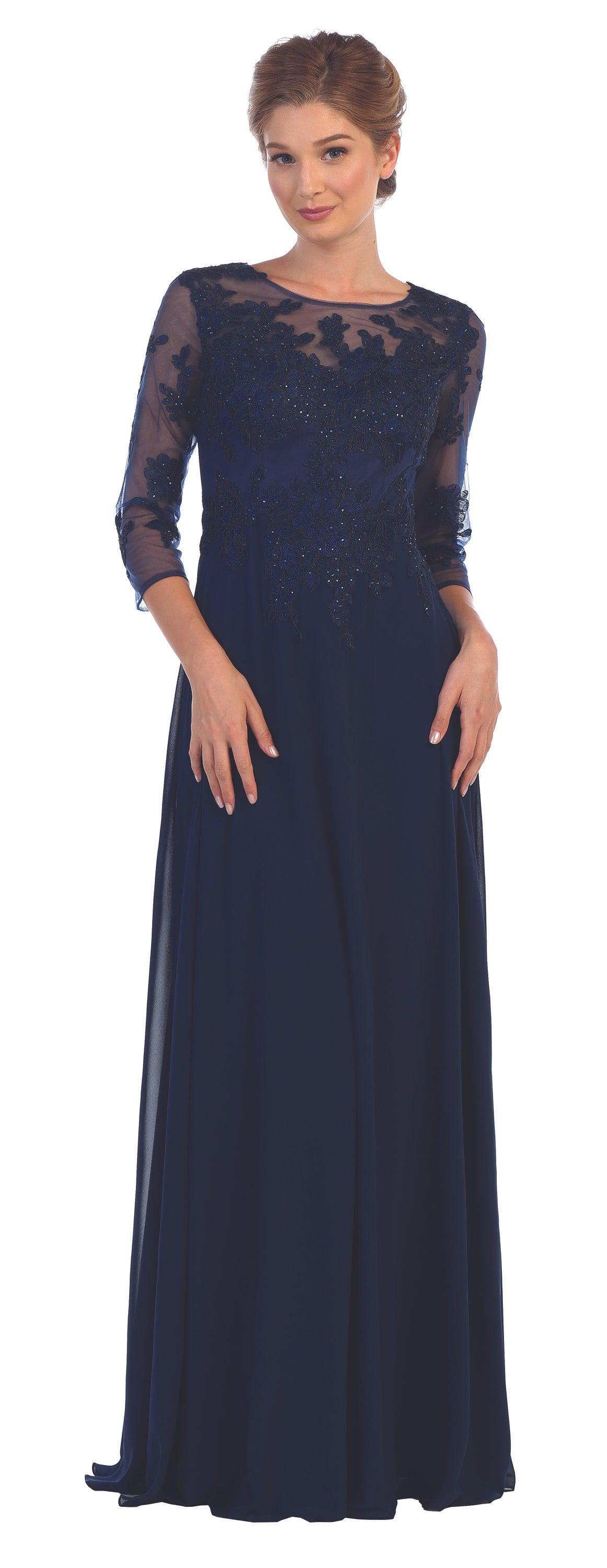 Long Mother of the Bride Formal Chiffon Dress Navy