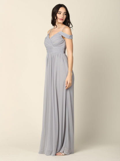 Long Off Shoulder Bridesmaid Pleated Dress - The Dress Outlet