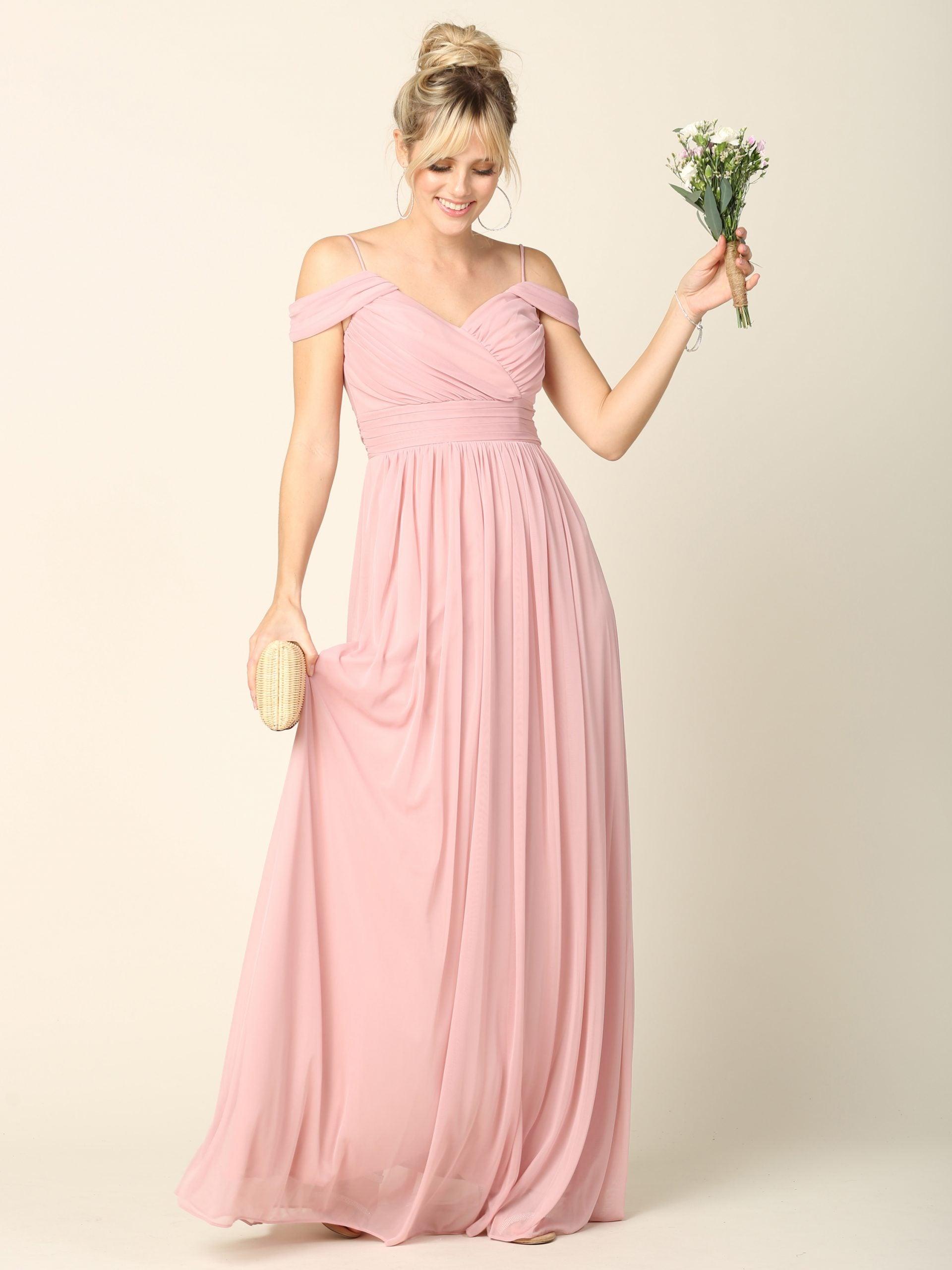 Long Off Shoulder Bridesmaids Pleated Dress