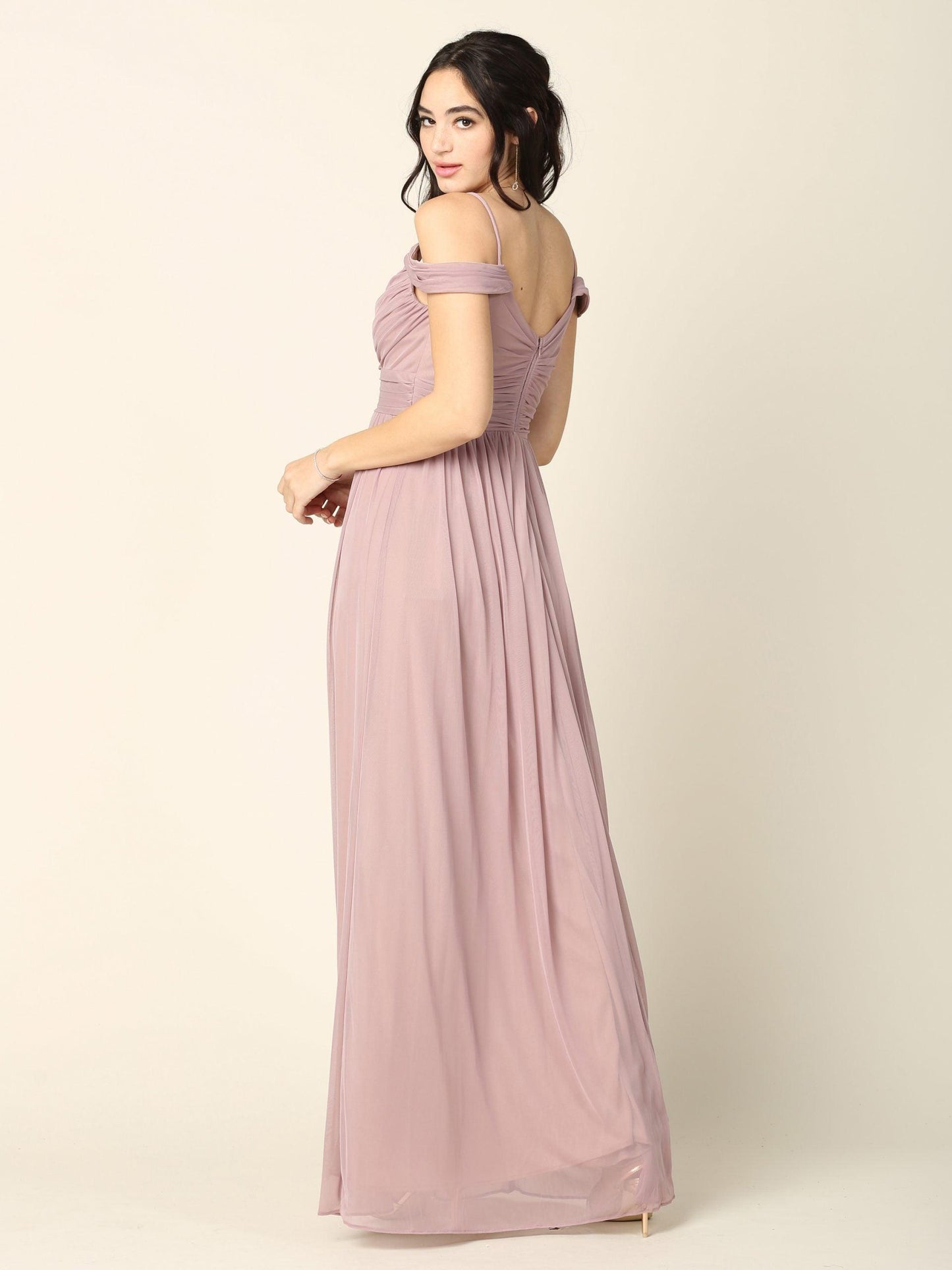 Long Off Shoulder Bridesmaid Pleated Dress - The Dress Outlet