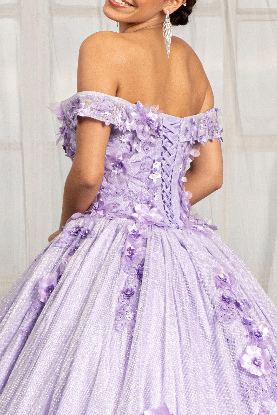 Off the Shoulder Floral Applique Quinceanera Ball Gown w/ Corset Back by Elizabeth K - GL3099